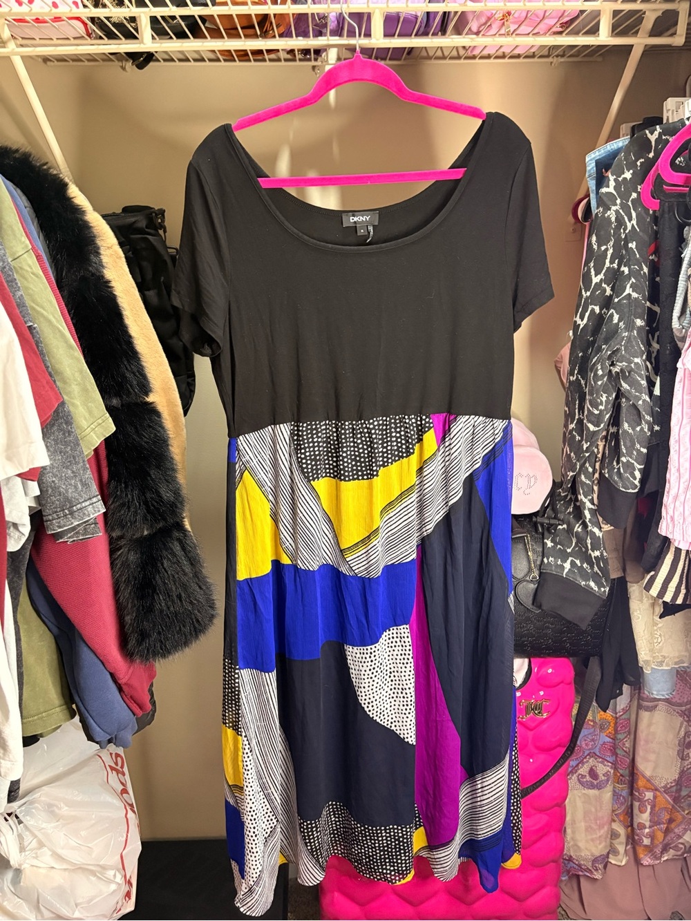 DKNY Black Scoop Neck Midi Dress with Yellow, Blue & Magenta Colorblock Skirt